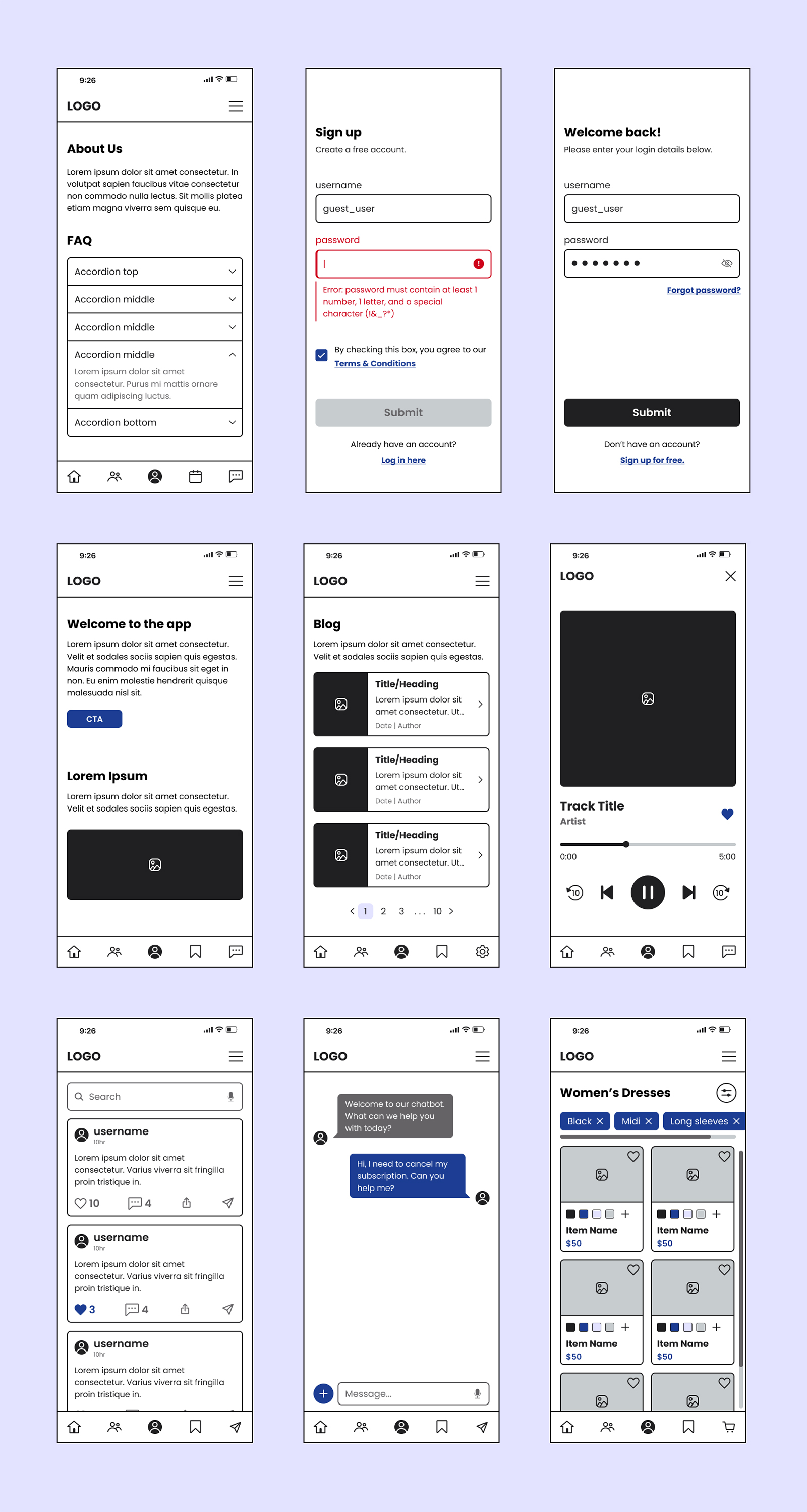 Mid-Fidelity Mobile Free Wireframe UI Kit 